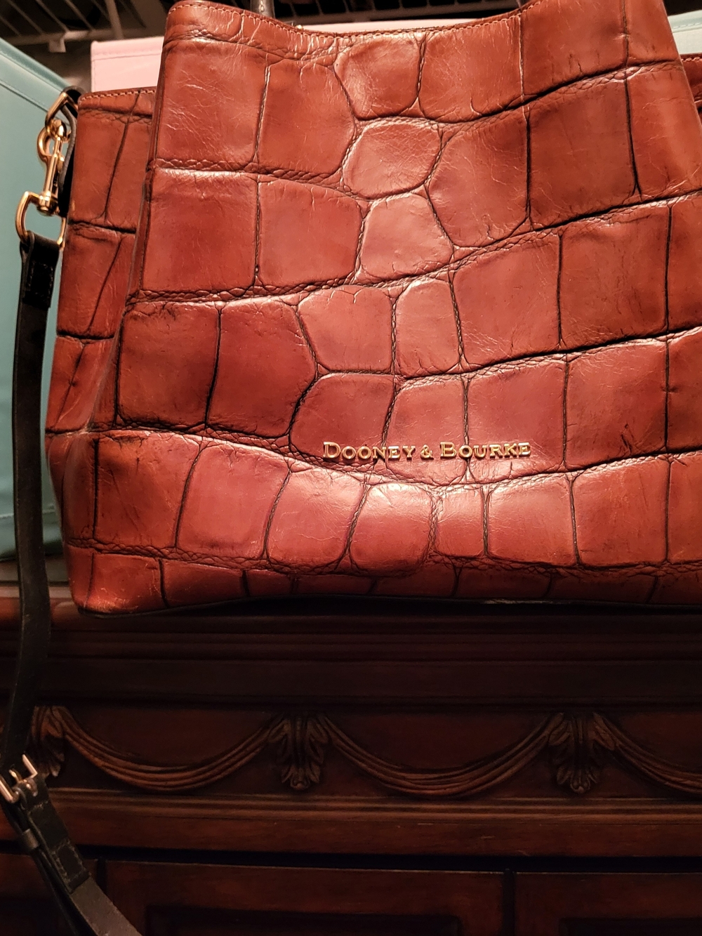 Dooney & Bourke Brown Croc-Embossed Leather Shoulder Bag with Gold Hardware